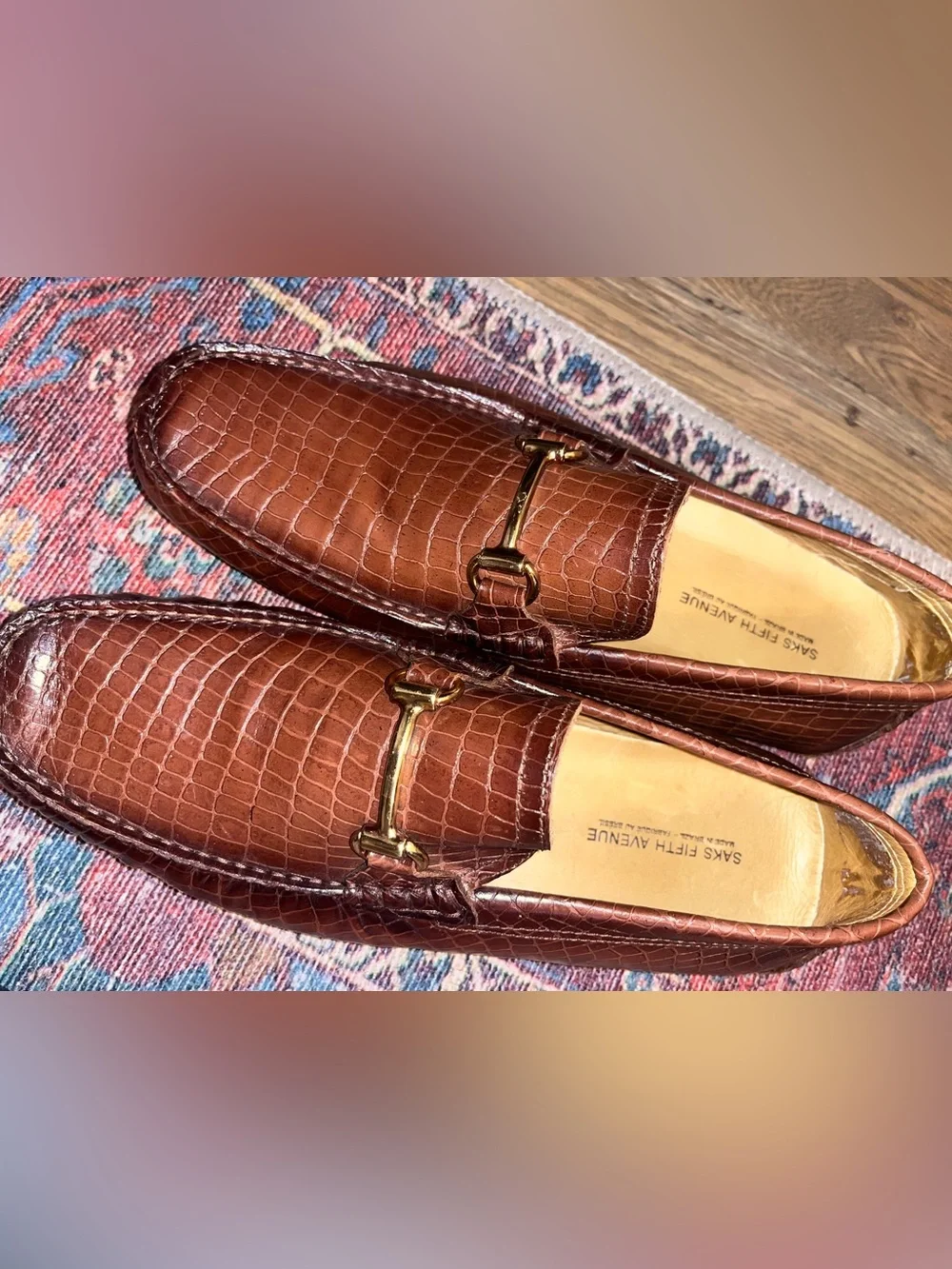 Saks Fifth Avenue Drivers Loafers Brown Gold Accent Crocodile 10.5